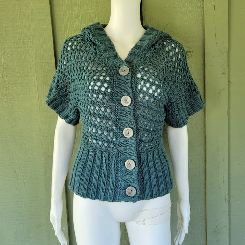 FREE PEOPLE Teal Knit Cropped Hoodie Cardigan S - Picture 2 of 4